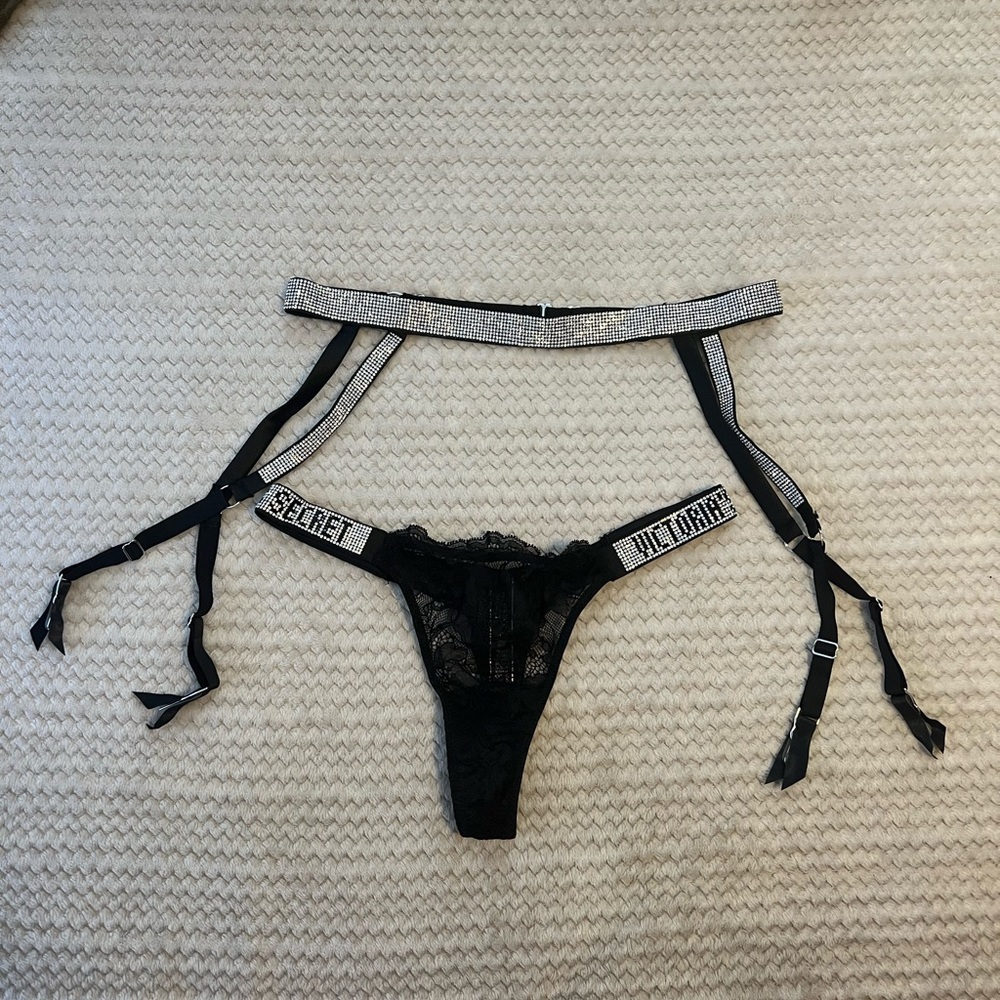 Victorias Secret Rhinestone Lace Thong Panty & Very Sexy Rhinestone Garter Belt